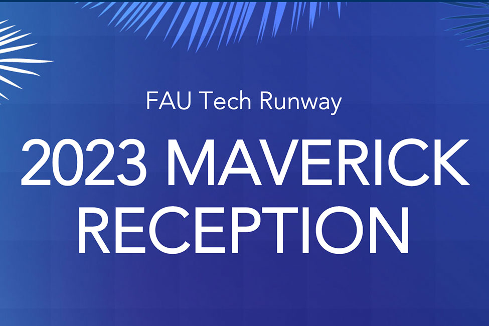 蓝色背景和装饰棕榈叶的图形插图，上面写着能力科技跑道2023特立独行的接待.