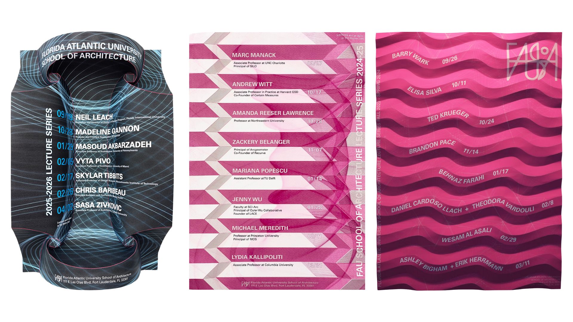Header image showing three FAU School of Architecture lecture series posters, one from each of the past three years, arranged side by side on a white background. The left poster uses a dark blue and black palette with curved, tunnel-like lines framing vertically stacked lecture dates and speaker names. The center poster features pink and white faceted bands running diagonally behind horizontal bars of text listing lecture details. The right poster is composed of undulating pink waves with white text following the curves to display lecture speakers and dates, along with the FAU School of Architecture logo in the upper corner. All three posters share bold geometric patterns and layered typography that visually connect the series.