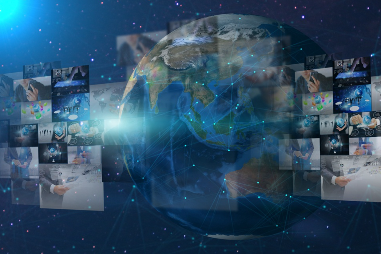 Collage of research images superimposed on a graphic of the earth in space