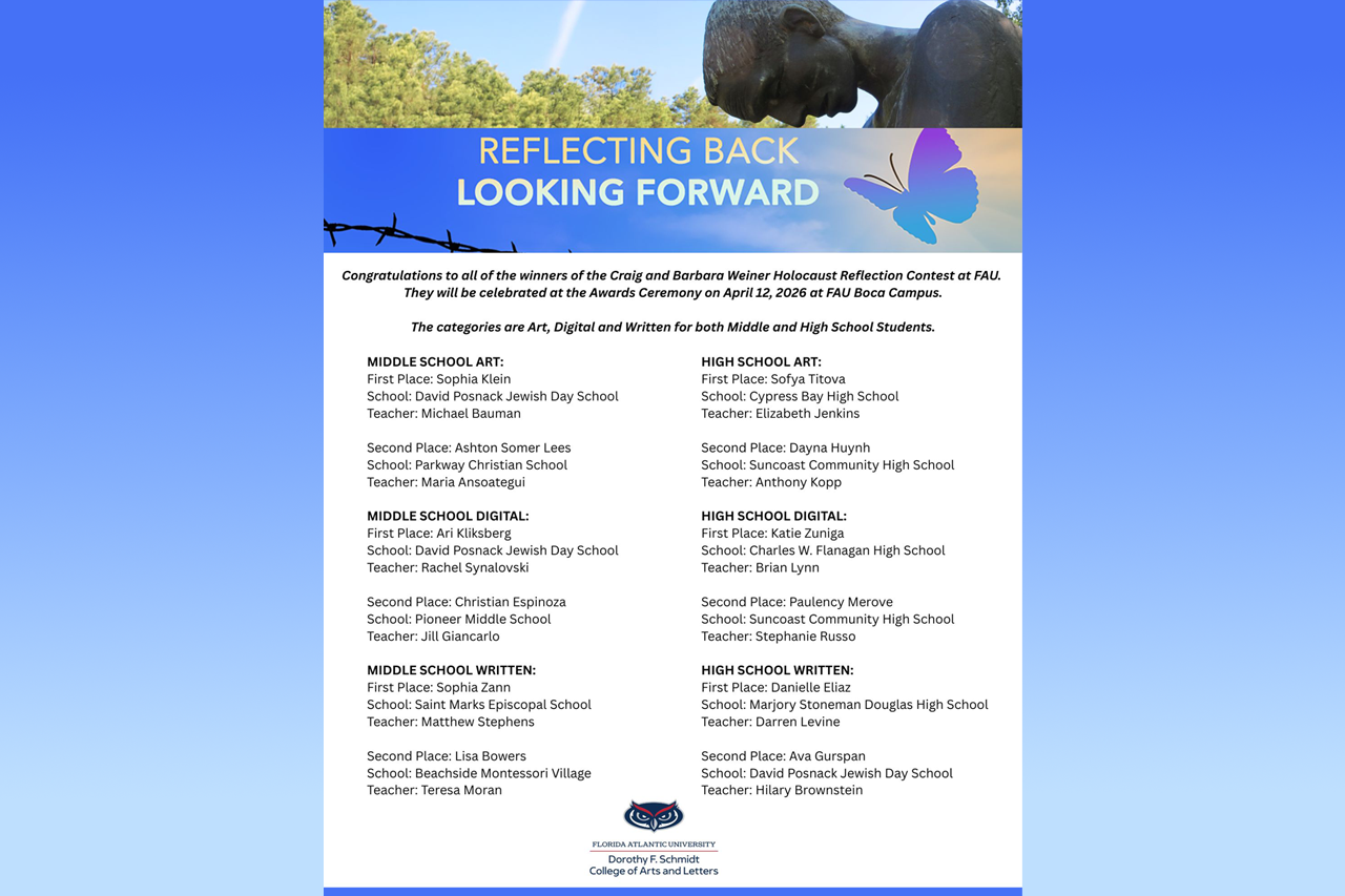Flyer listing the 2026 Craig and Barbara Weiner Holocasut Reflection Contest Winners
