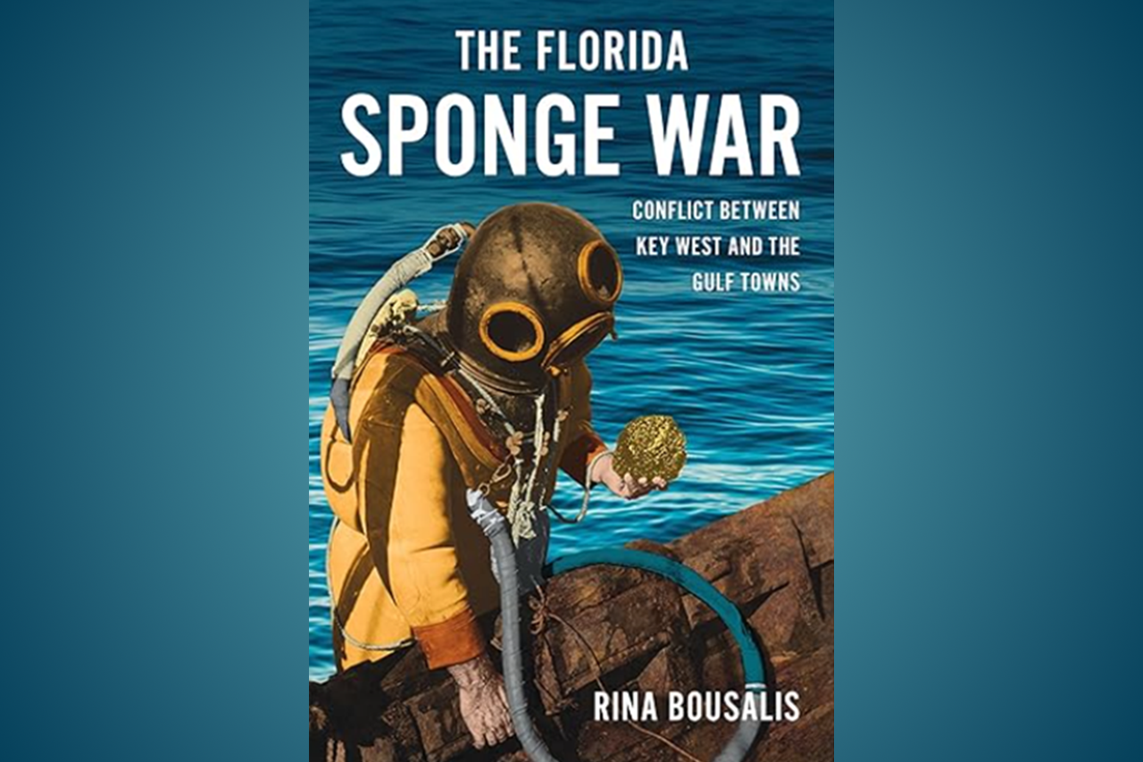 Illustration of a deep sea diver holding a sponge in a boat on the ocean