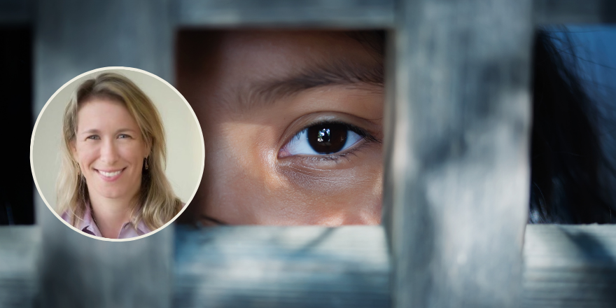Heidi Schaeffer's headshot and a close-up of a person’s eye peering through a narrow wooden opening, with grey wood framing the view