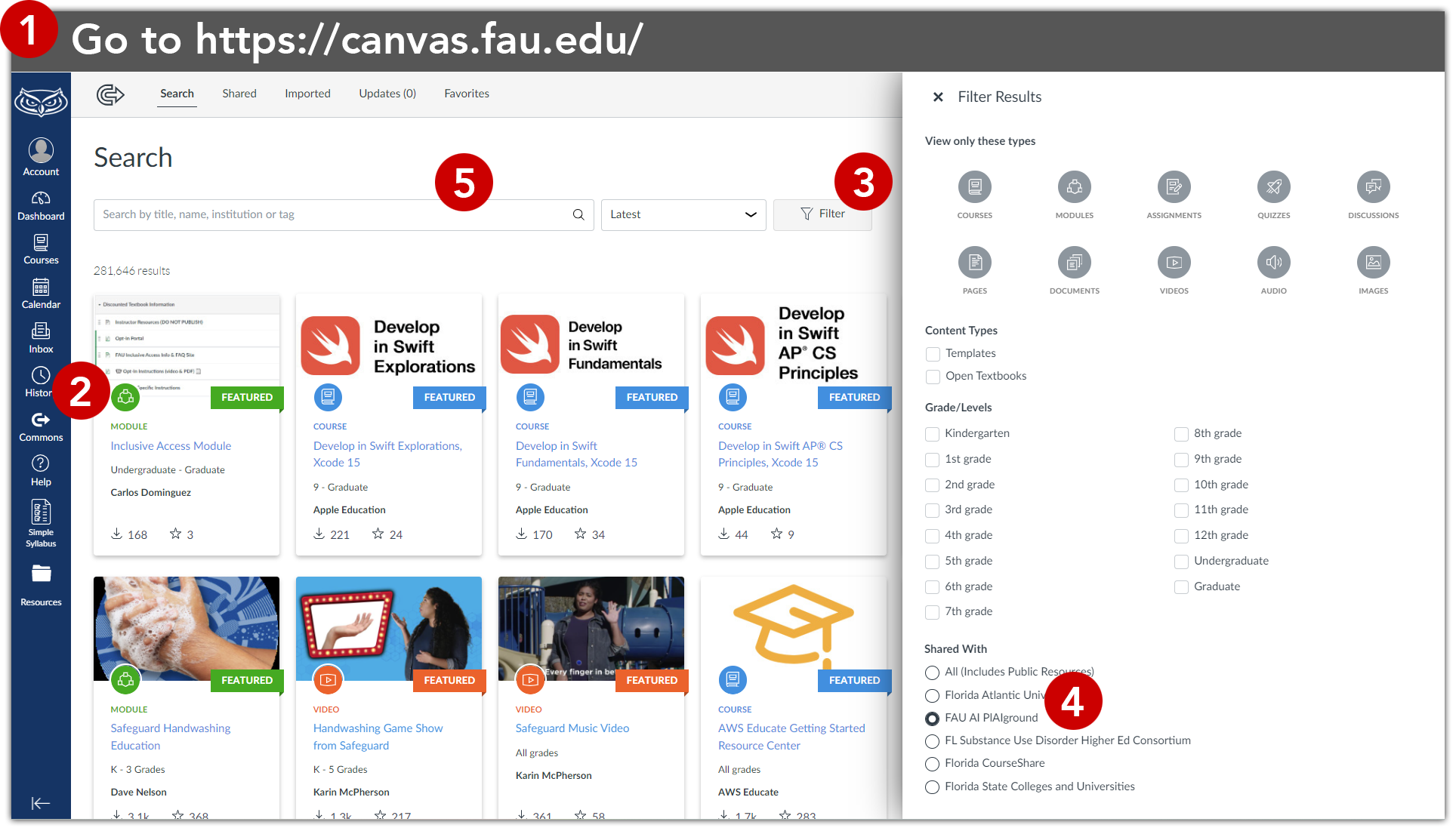 Screenshot of Canvas with numbers showing where to click.