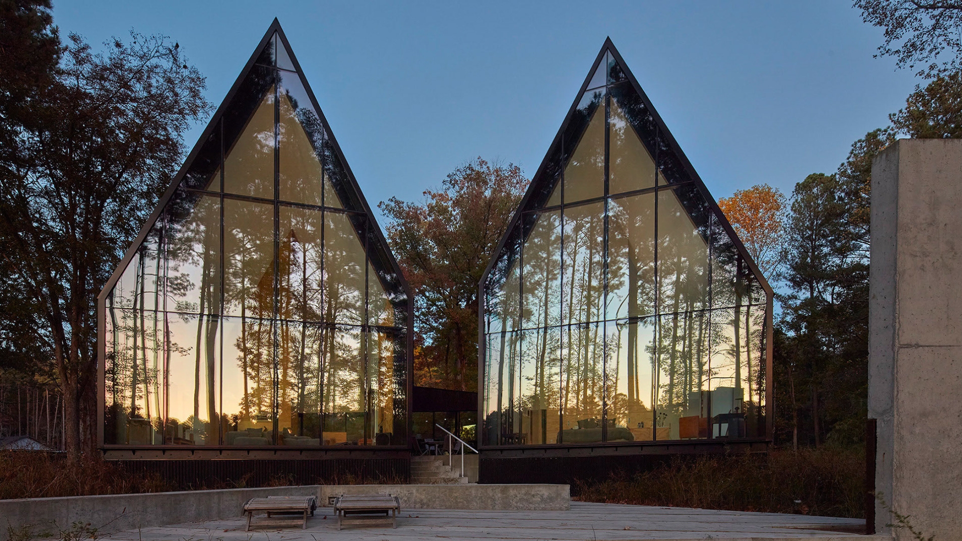 two towering glass pavilions 