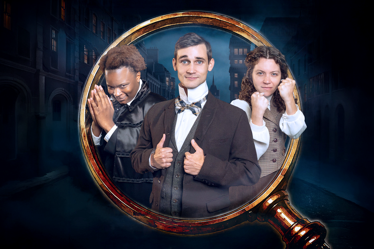 Three actors popping out of a large magnifying glass with a dimly lit townscape in the background