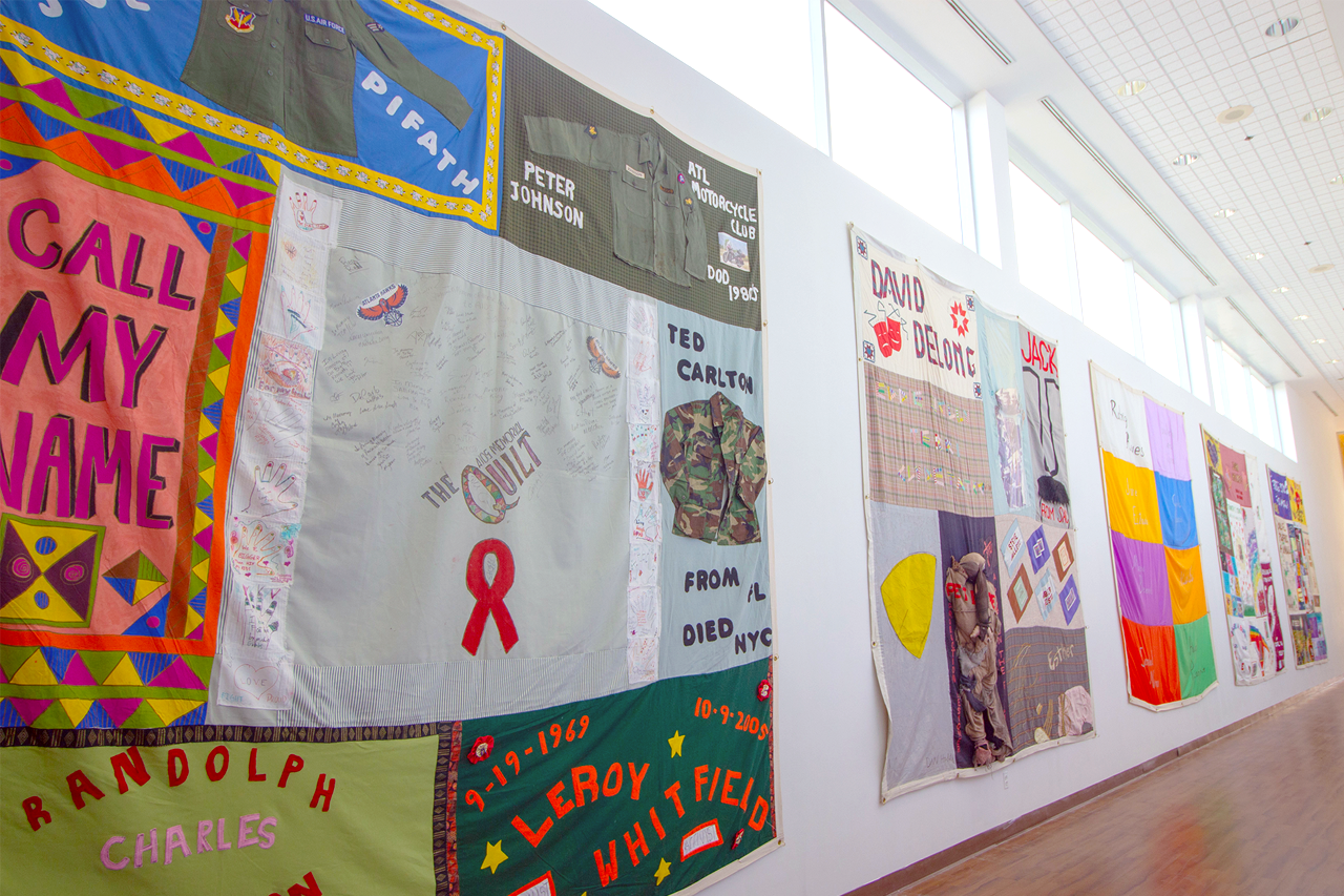 Installation view of panels from the AIDS Memorial Quilt