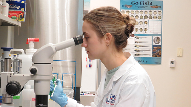 Tessa Dallo looking into microscope