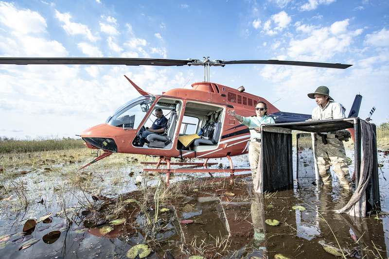 Man in helicopter in wetlands