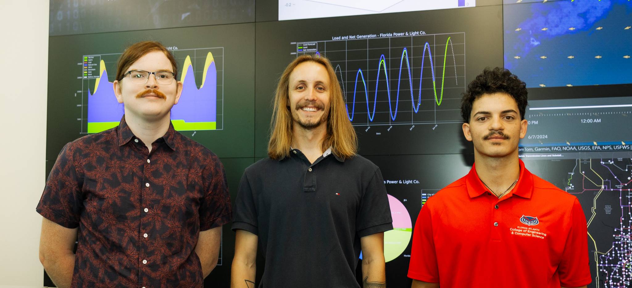 Three students standing in front of graphs