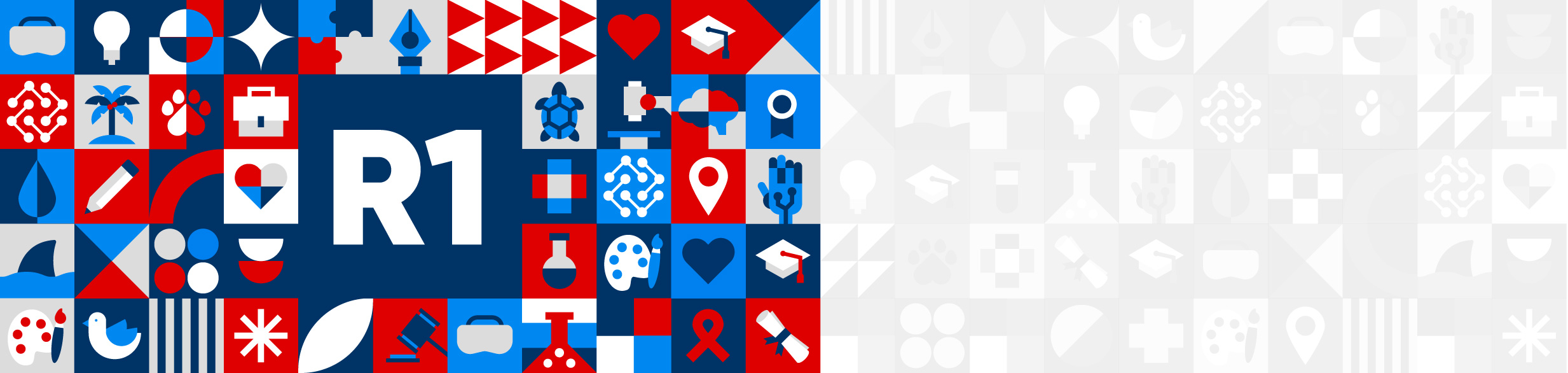 The image features a collage of colorful tiles on the left side, while the right side transitions to a grayscale version of the same pattern. In the colorful section, a prominent blue rectangle contains the text 'R1' in bold white letters. Surrounding the text are various icons representing different fields of a university. These include symbols like a lightbulb, graduation cap, microscope, turtle, pencil, and flask, among others. The tiles come in red, blue, gray, and white, arranged in a grid pattern. Each icon symbolizes a specific area, such as education, science, or art. The right side mirrors these tiles but in a muted grayscale palette, fading into the background.