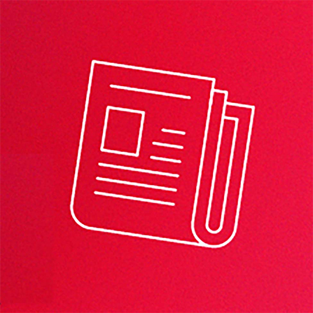 Red background with white newspaper icon