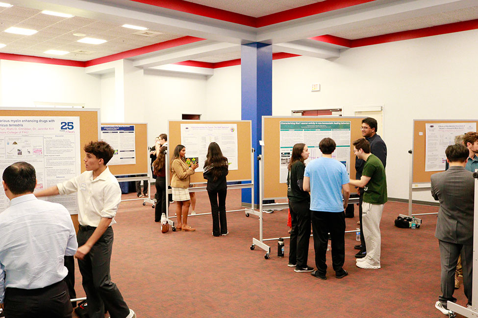 Large room filled with research posters affixed to display boards. People are scattered in groups around the room talking.