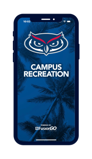 Mobile phone with the Campus Recreation Fusion Go App loading screen