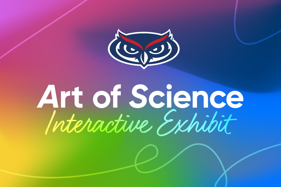 Colorful tie-die-effect graphic with the FAU Owl insignia in the center and the title "Art of Science Interactive Exhibit"