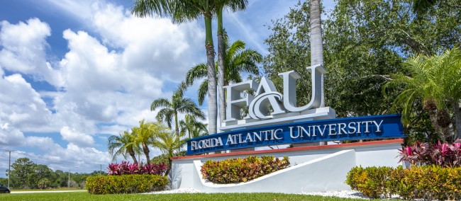 Florida Atlantic University sign at the front entrance of the Boca Raton campus