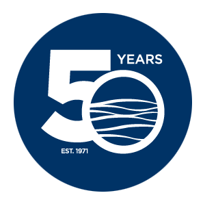 50-years blue ad white logo