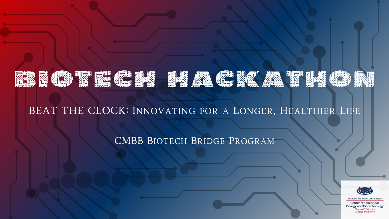 Biotech Bridge Hackathon words on blue and red abstract tech background